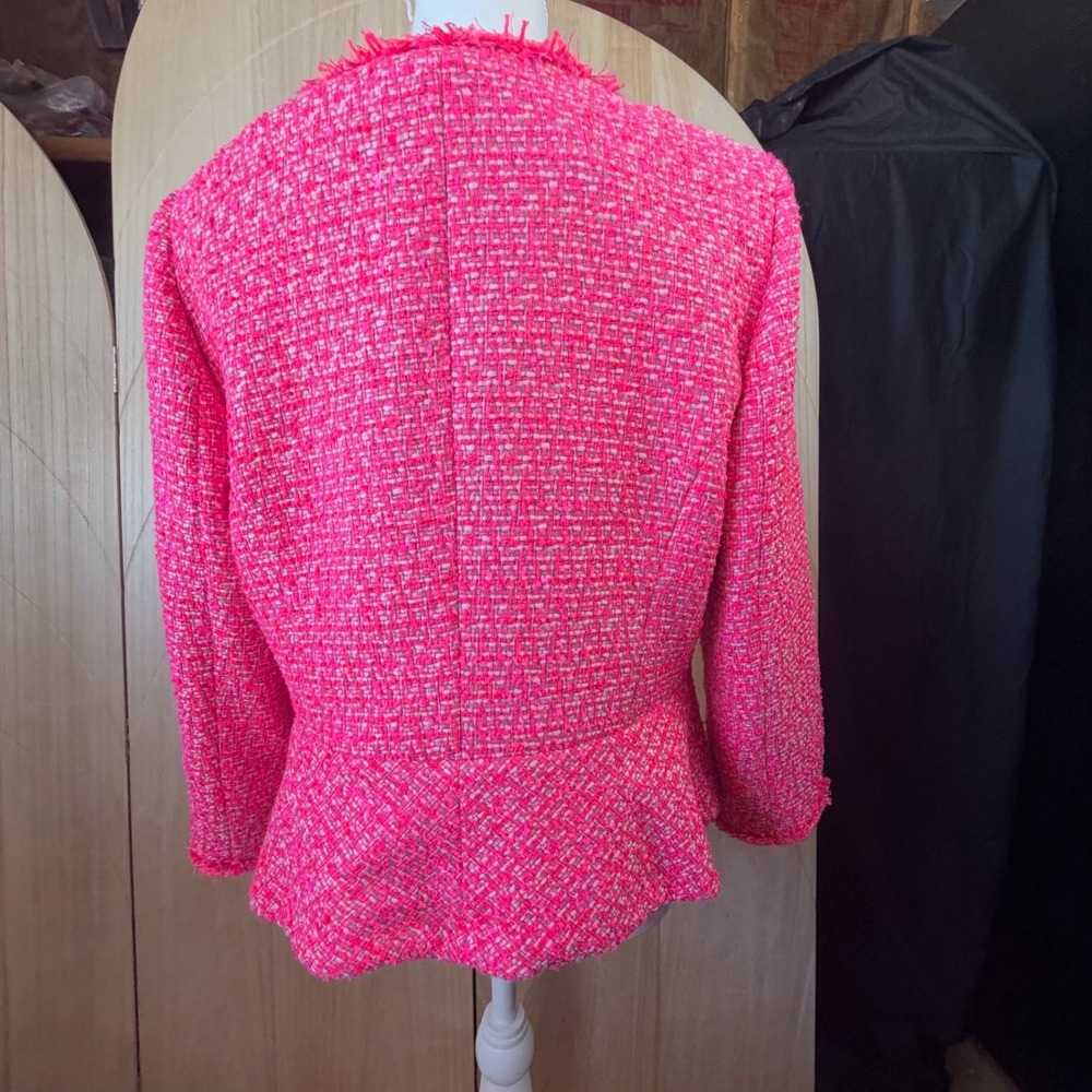 Talbots Tweed Blazer Womens 12 Pink Fringe Trim Button Front Peplum Jacket - Picture 5 of 10